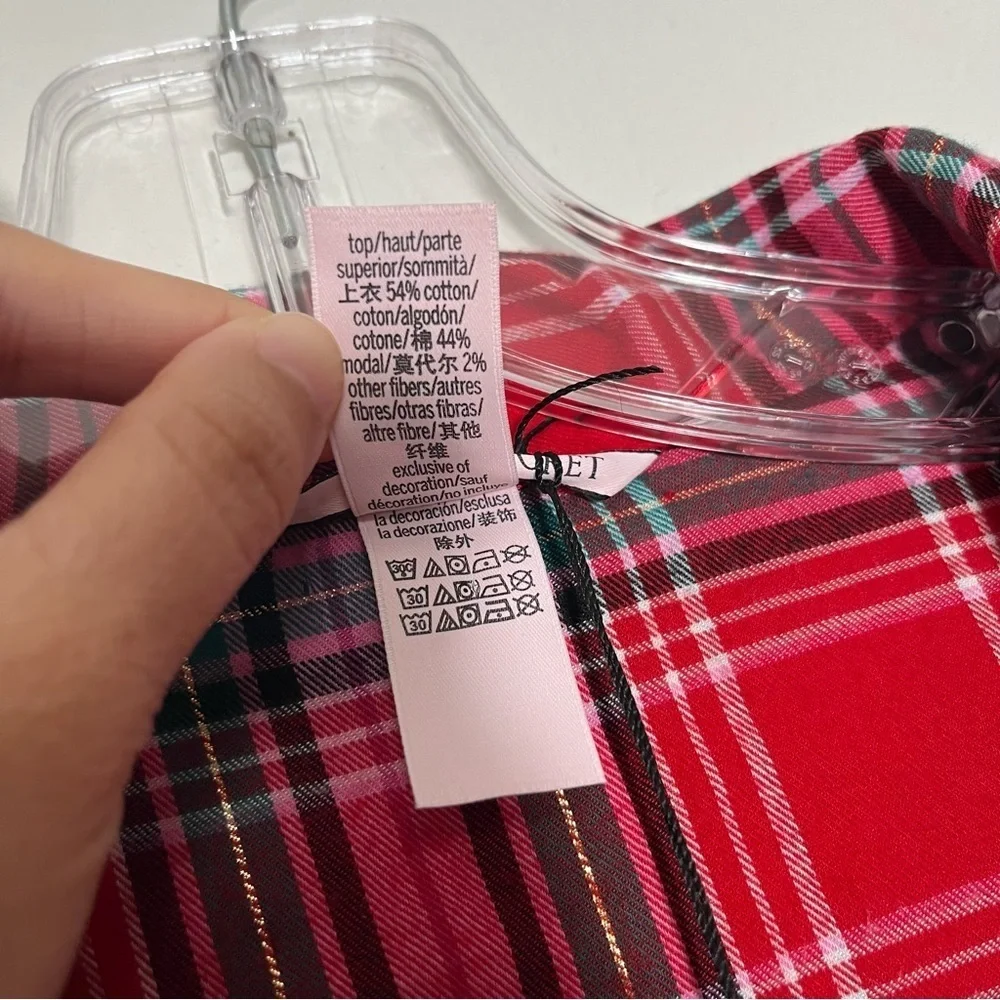 NWT VICTORIA’S SECRET Red Gold Plaid PJ Button Down Sleepwear Top | size Medium